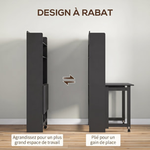 Bureau mural pliable table murale rabattable suspendue sur pied avec bibliothèque 3 étagères MDF noir