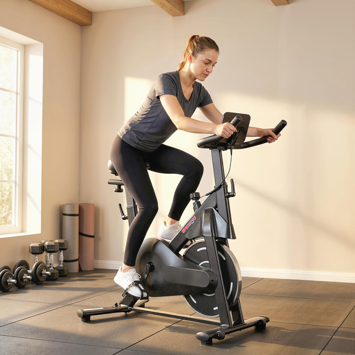 Bicicleta Estática en Casa con Resistencia Magnética Regulable, Bici Estática Silenciosa con Pantalla LCD, Volante, Asiento y Manillar Ajustables, Ruedas y Soporte para Tablet, Carga 120 kg