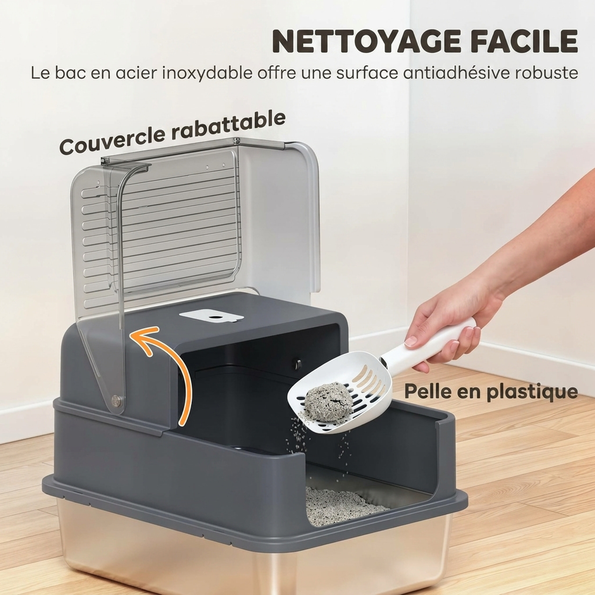 Maison de toilette bac à litière 2-en-1 acier inox PP avec accessoires