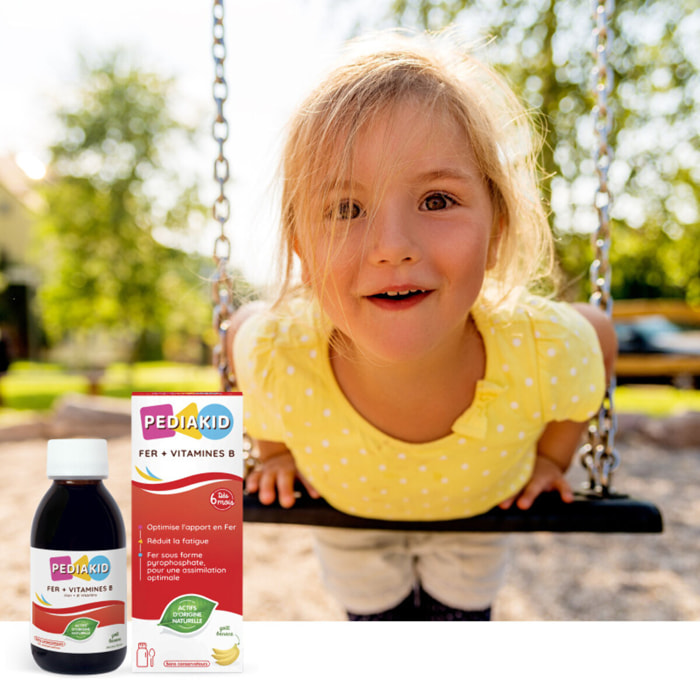 PEDIAKID - Sirop Fer + Vitamines B - Complément Alimentaire Naturel - Formule Exclusive au Sirop d'Agave - Optimise les Apports en Fer - Contribue à Réduire la Fatigue - Goût Banane - Flacon 125 ml