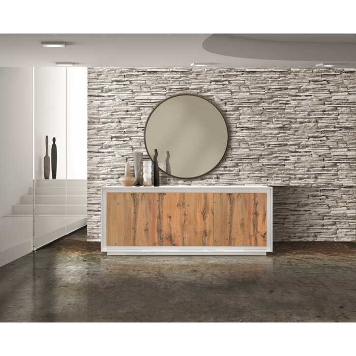 Credenza LAMPEDUSA in legno, finitura bianco frassinato, ante finitura rovere rustico, 180x50 cm