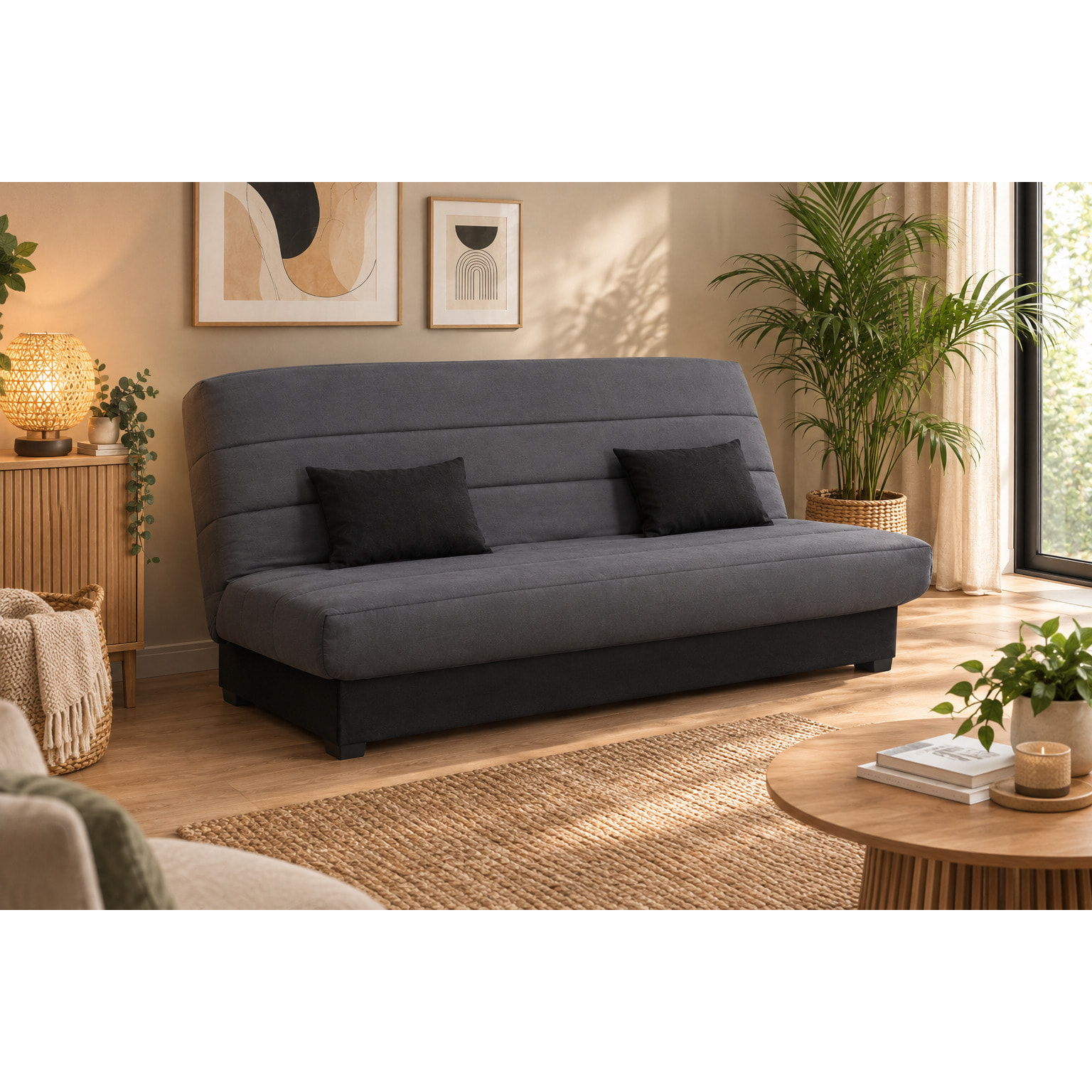 Canapé convertible Salma, matelas Simmons, 130 x 190 cm, 2 coussins offerts, gris
