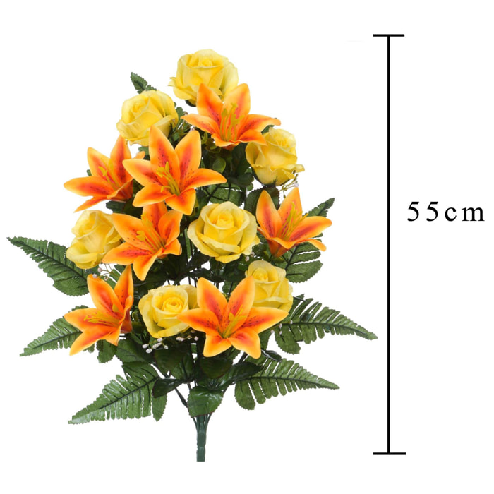 Bouquet Frontale Composto Da 14 Rose E Lilium. Altezza 55 Cm - Pezzi 2 - 34X55X14cm - Colore: Giallo - Bianchi Dino - Fiori Artificiali