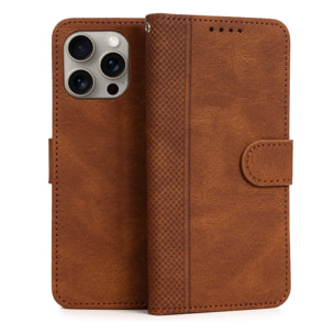 DAM Funda antigolpes tipo libro simil piel para iPhone 15 Pro Max. Tarjetero interior, muñequera extraíble. 8,42x1,72x16,67 Cm. Color: Cuero