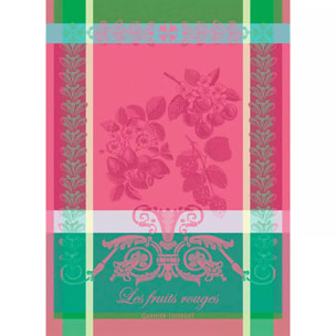 Torchon pur coton motif jacquard rose vert Les fruits rouges framboise