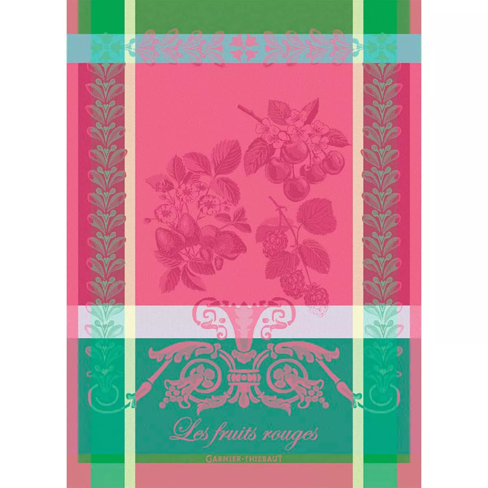 Torchon pur coton motif jacquard rose vert Les fruits rouges framboise