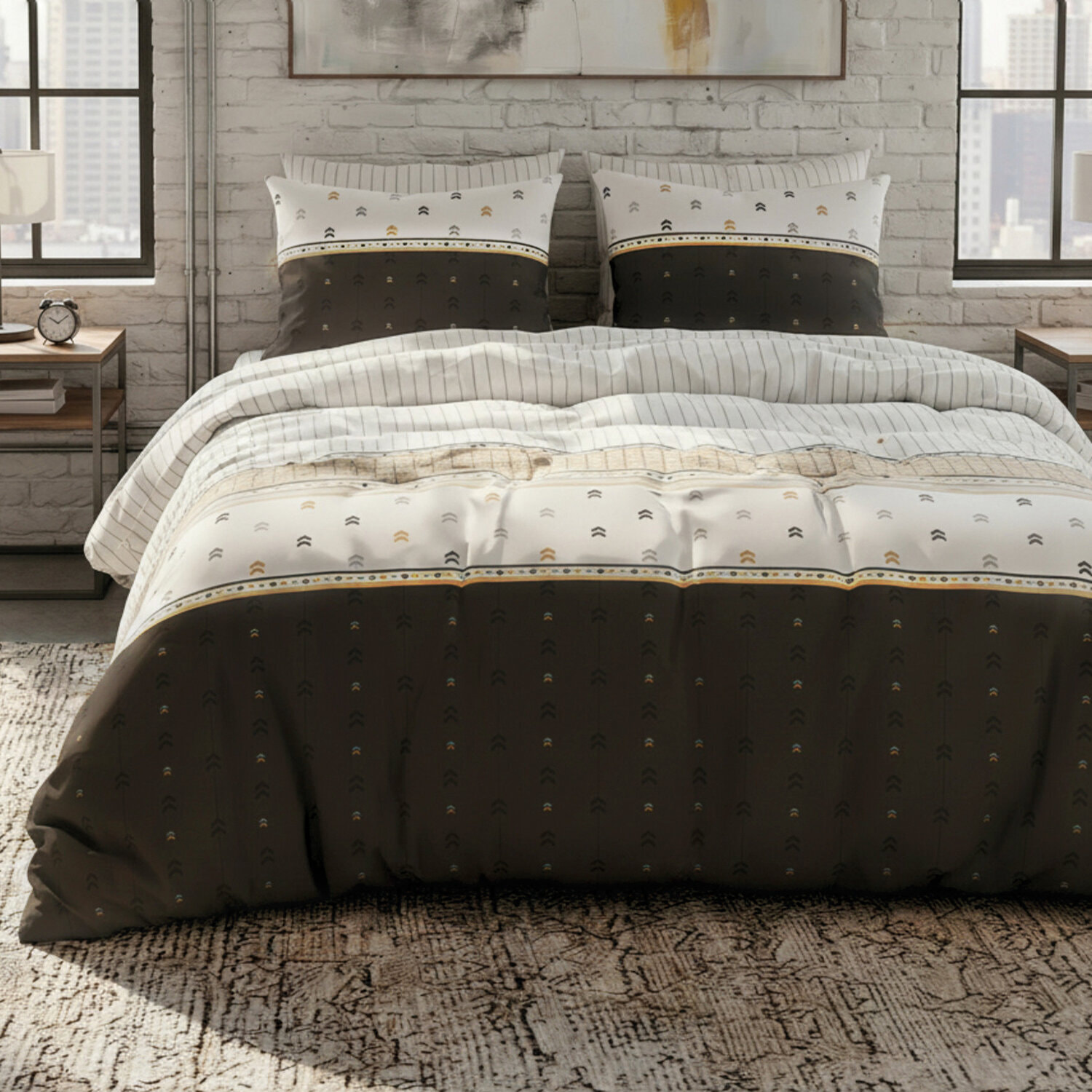 Parure housse de couette 240x220 cm imprimée graphique + 2 taies 100% Coton - AVEN