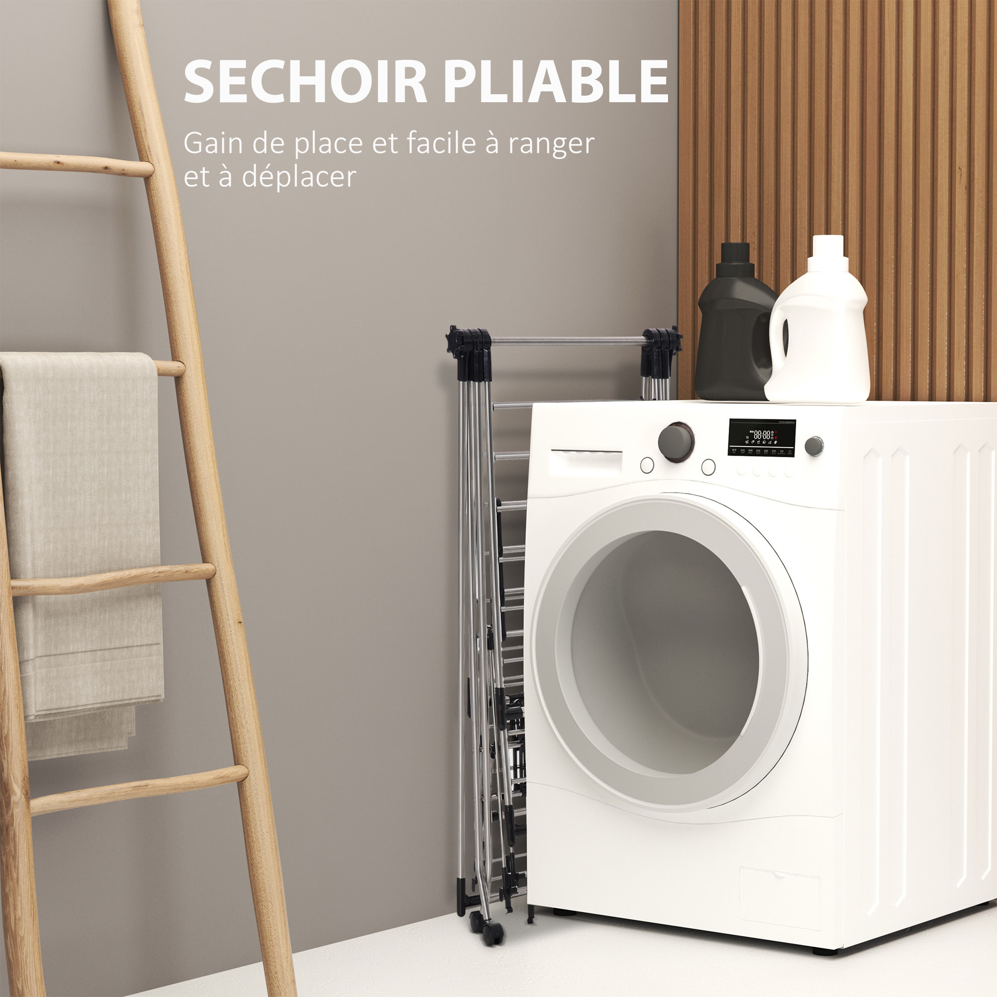 HOMCOM Séchoir à linge étendoir à vêtements pliable réglable avec barre de penderie et roulettes acier inox. PP noir