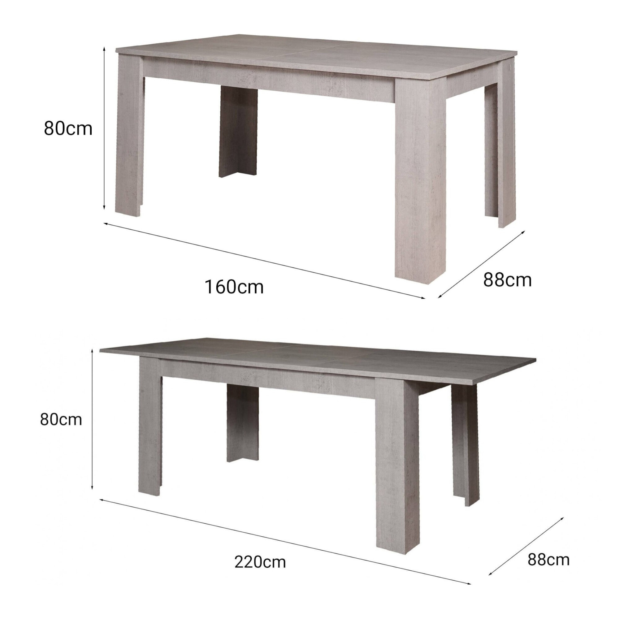 Tavolo per sala da pranzo estensibile, Consolle allungabile, Tavolo moderno con allunghe, cm 160/220x88h80, colore Cemento