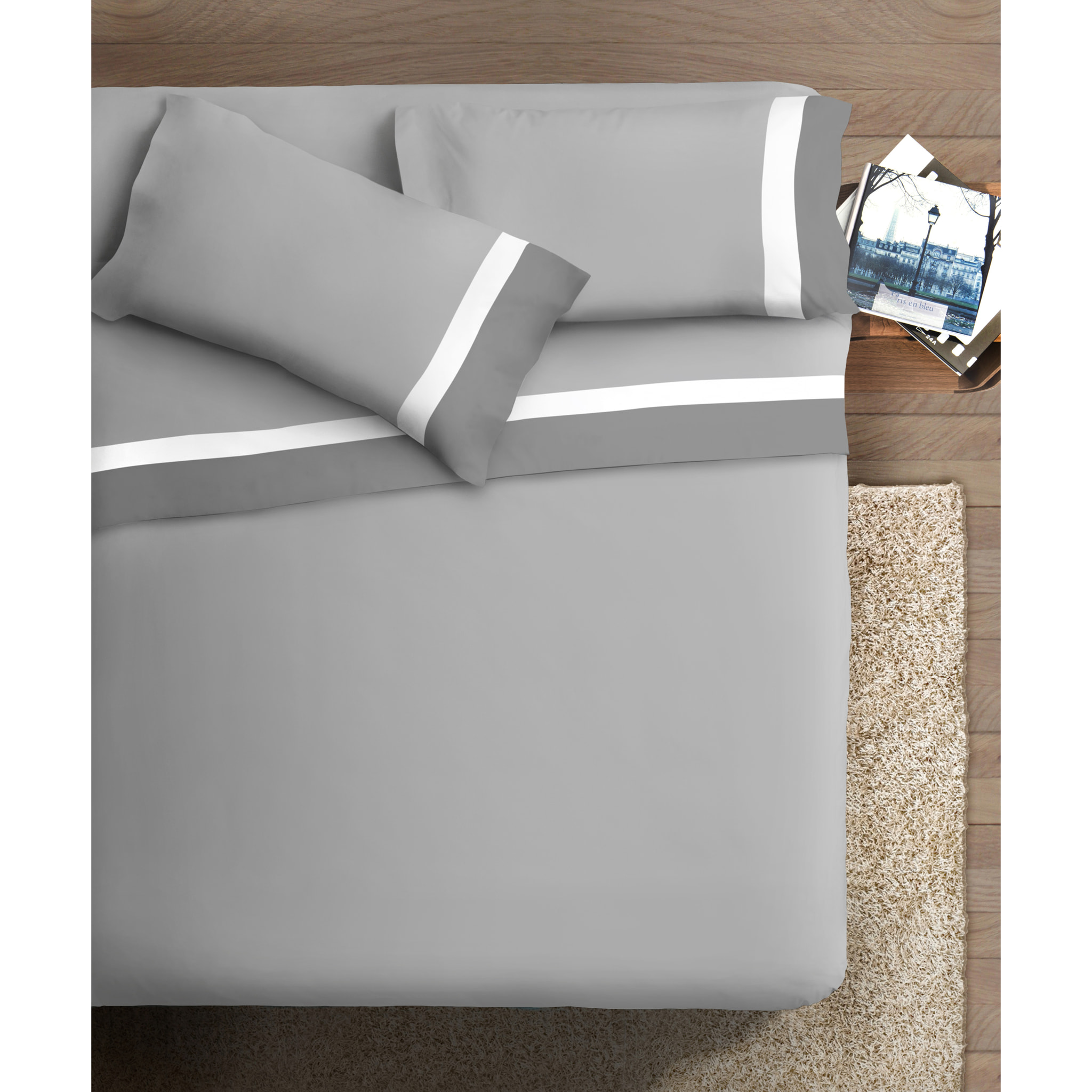 Completo letto doppia balza RASO IPERSAN Puro Cotone Grigio SC/Bianco fondo Grigio