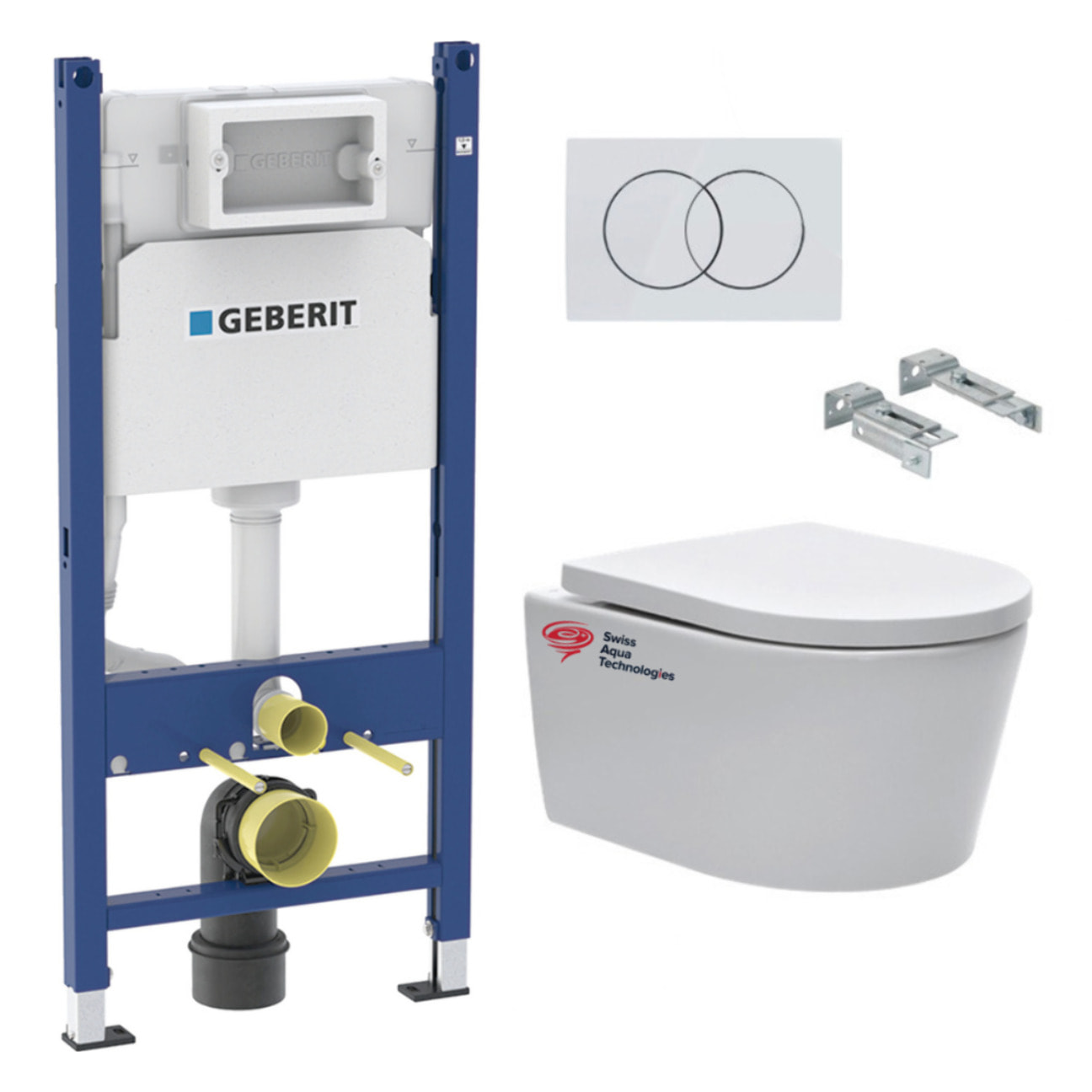 lot de 4 Packs bati-support Geberit 112cm + Cuvette Swiss Aqua Technologies sans bride + Plaque blanche (SATrimlessGeb3-GVP04)