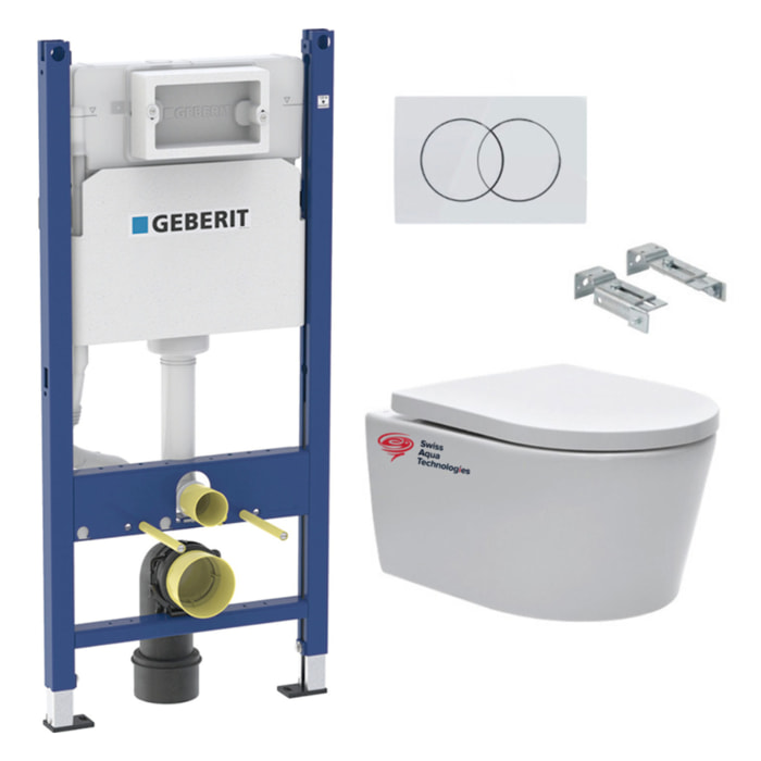 lot de 4 Packs bati-support Geberit 112cm + Cuvette Swiss Aqua Technologies sans bride + Plaque blanche (SATrimlessGeb3-GVP04)