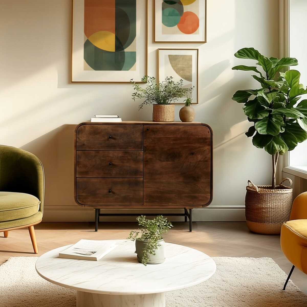 ALIX - Buffet design bois foncé et métal noir 1 porte 3 tiroirs ALIX