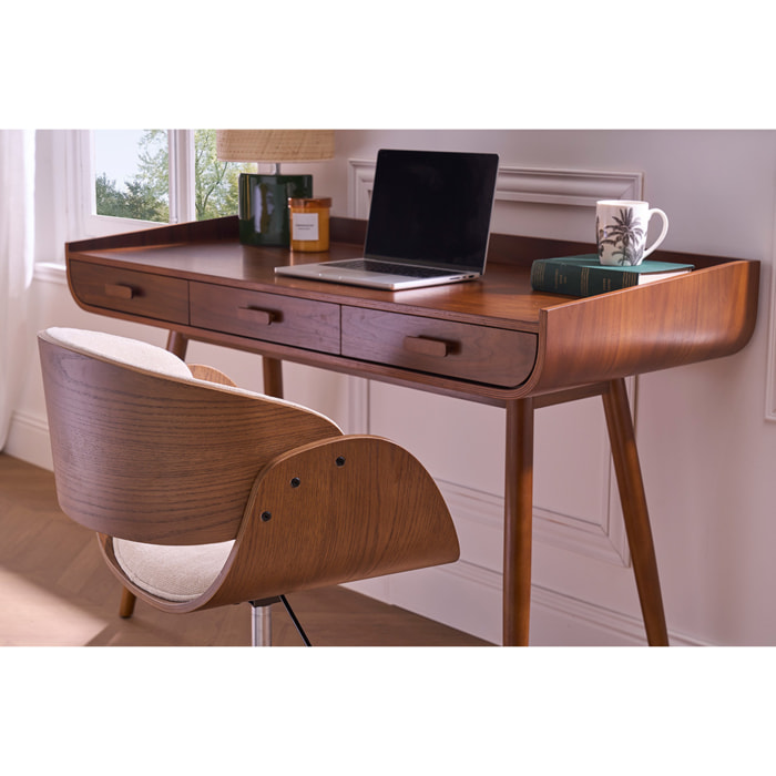 Chaise de bureau à roulettes design en bois foncé et tissu effet velours texturé beige BENT