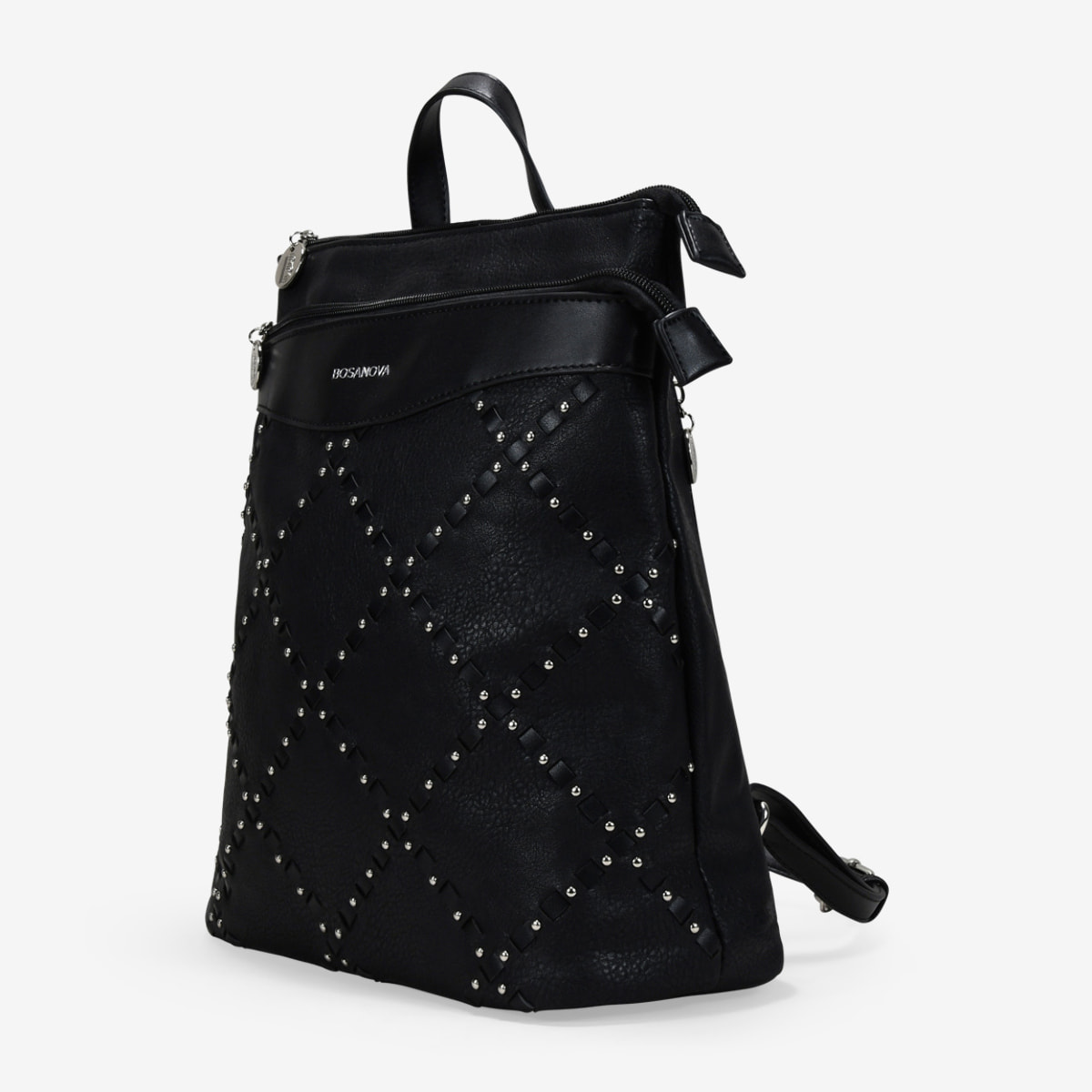 Mochila negra con doble cremallera y tachas