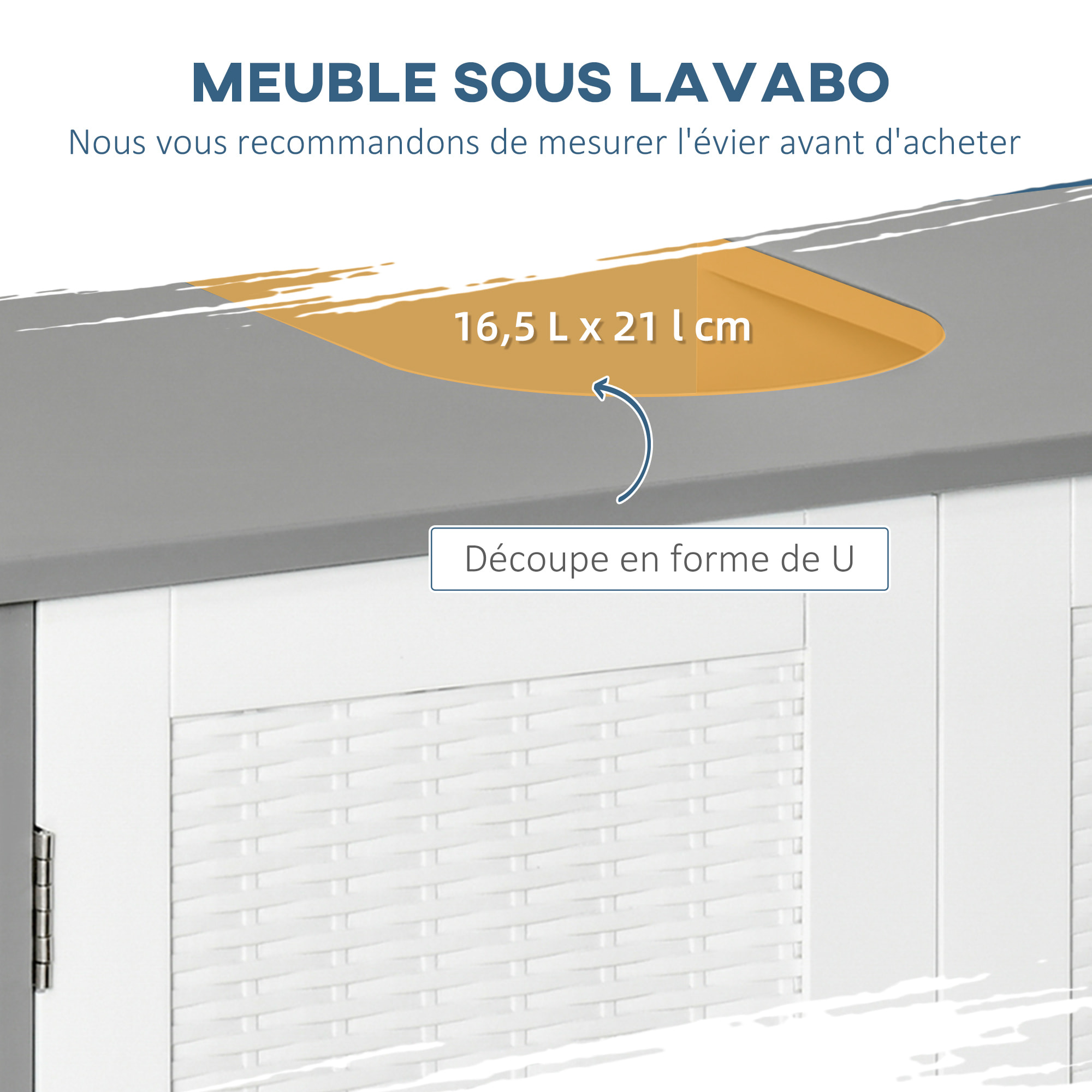 Meuble salle de bain - meuble sous-vasque - placard 2 portes aspect résine tressée avec étagère - MDF blanc gris