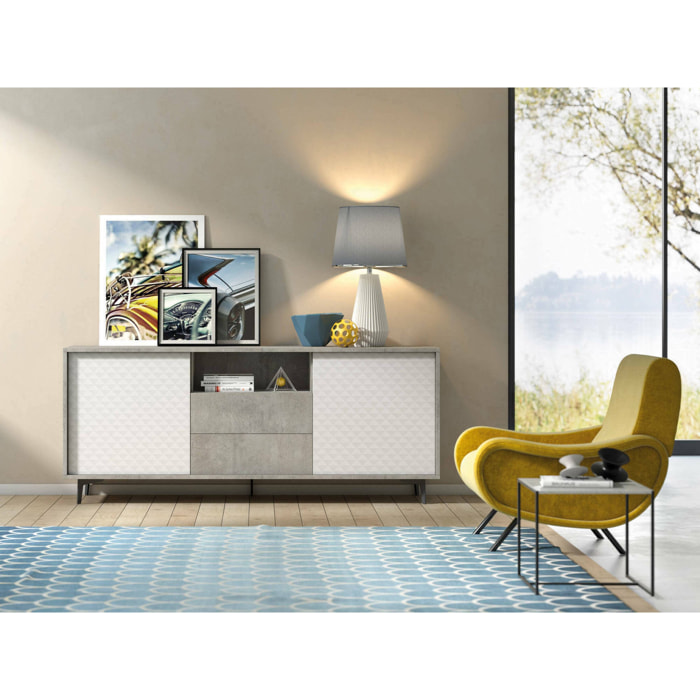 Credenza Garofano, Mobile buffet a 2 ante e 2 cassetti, Madia elegante da soggiorno, Mobile porta TV, 100% Made in Italy, Cm 184x45h77, Bianco e Cemento