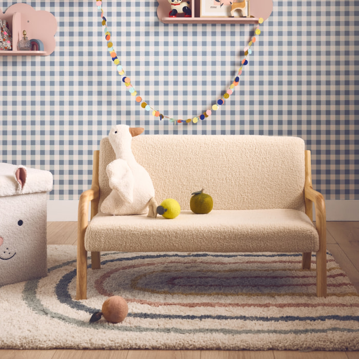 Banquette scandinave enfant en bois et tissu bouclette beige 2 places