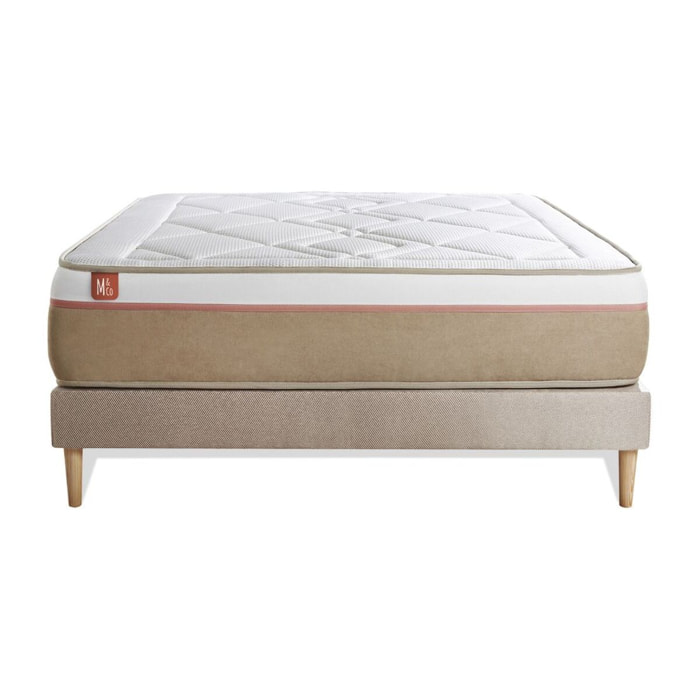 Ensemble Matelas Le Soyeux - 24cm - Ressorts ensachés et mémoire de forme - Equilibré - Sommier kit Beige