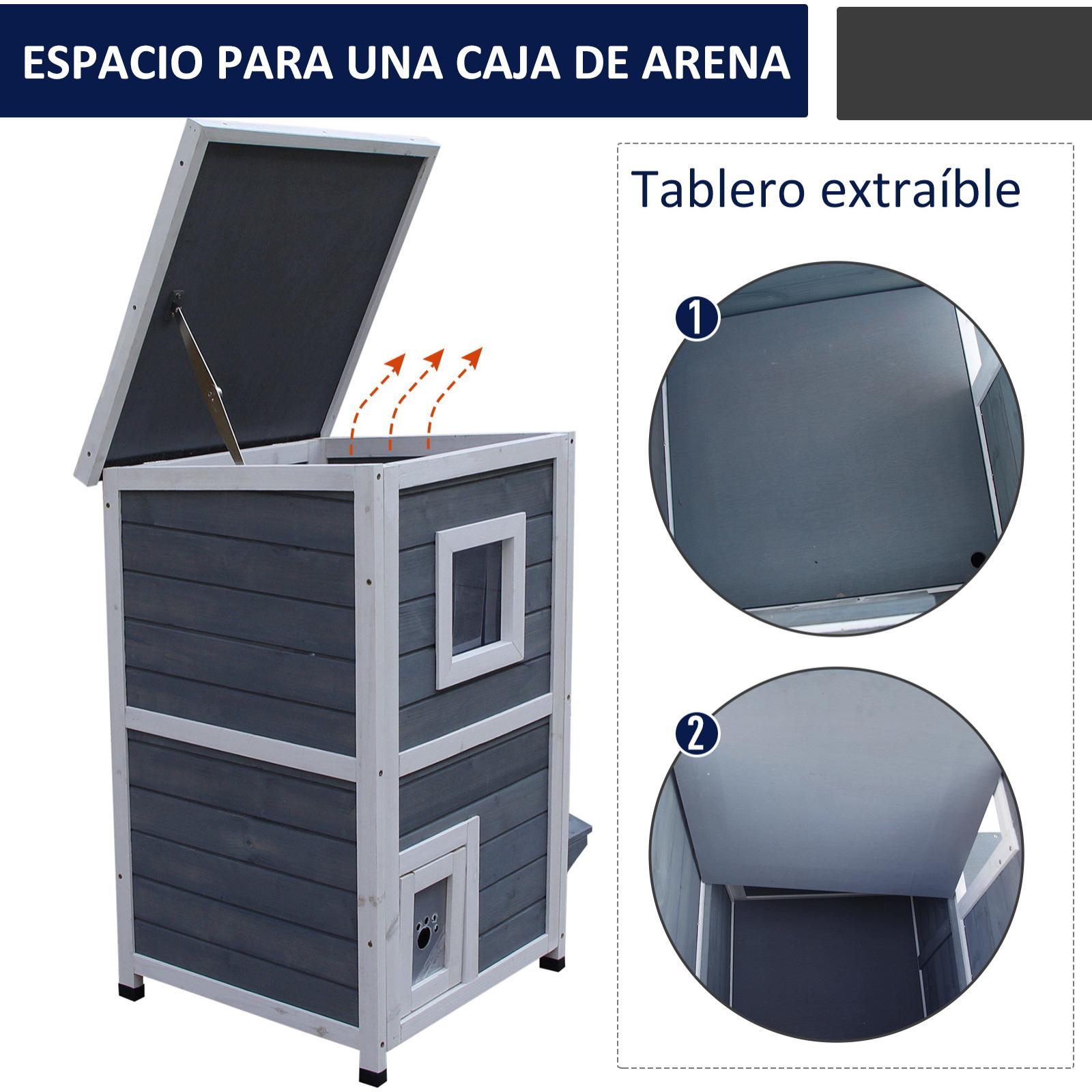 Caseta para Gatos de Madera Exterior Casa para Gatos de 2 Pisos con Techo Abrible Ventanas y 2 Plataformas para Terraza Balcón Jardín 51x51x81,3 cm Gris