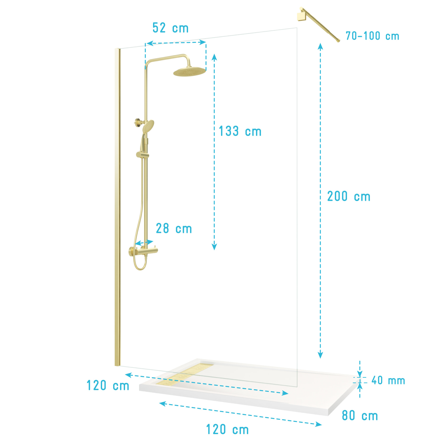 Pack Paroi 120x200 + Bras + Receveur Linéaire acrylique 80x120 + Colonne Thermostatique - Or Brossé