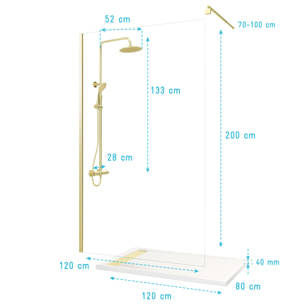 Pack Paroi 120x200 + Bras + Receveur Linéaire acrylique 80x120 + Colonne Thermostatique - Or Brossé