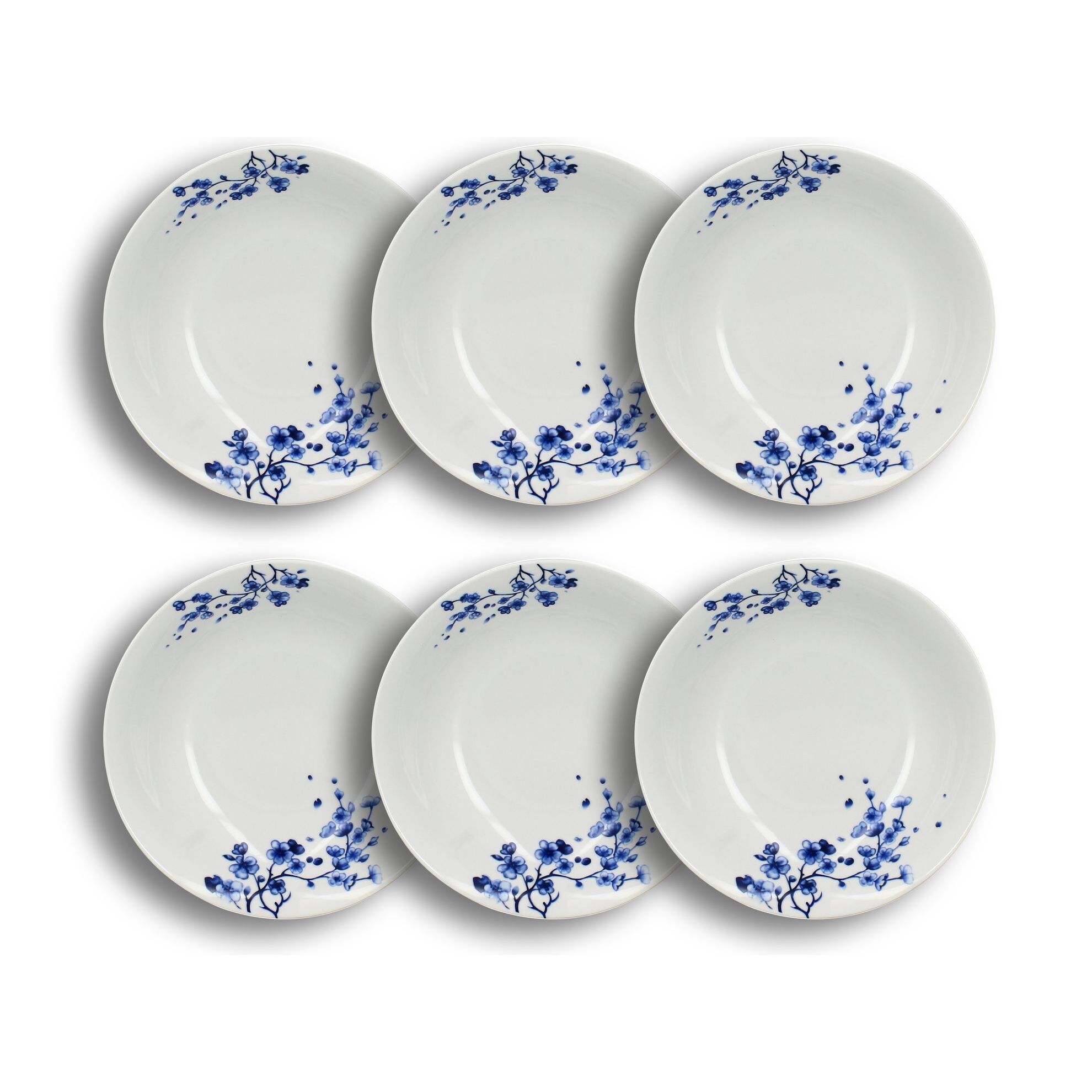 Lot de 6 assiettes creuses en porcelaine blanc et bleu 21cm CENTAUREE