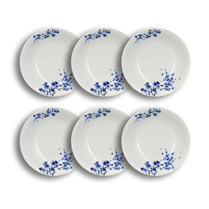 Lot de 6 assiettes creuses en porcelaine blanc et bleu 21cm CENTAUREE