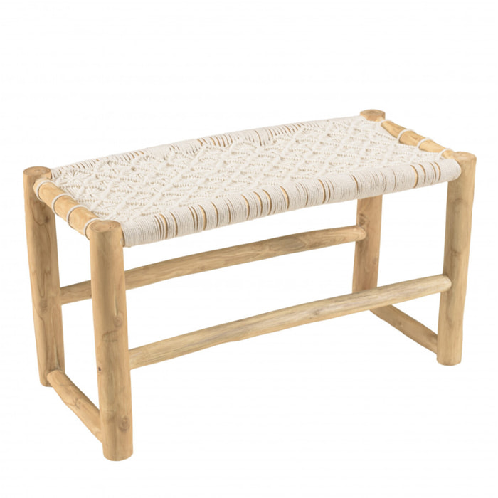 WILL - Banc en branches de teck naturel assise en macramé blanc