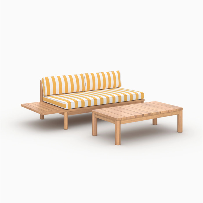 Salon de jardin 2 personnes en teck massif et tissu rayé jaune - Nadila