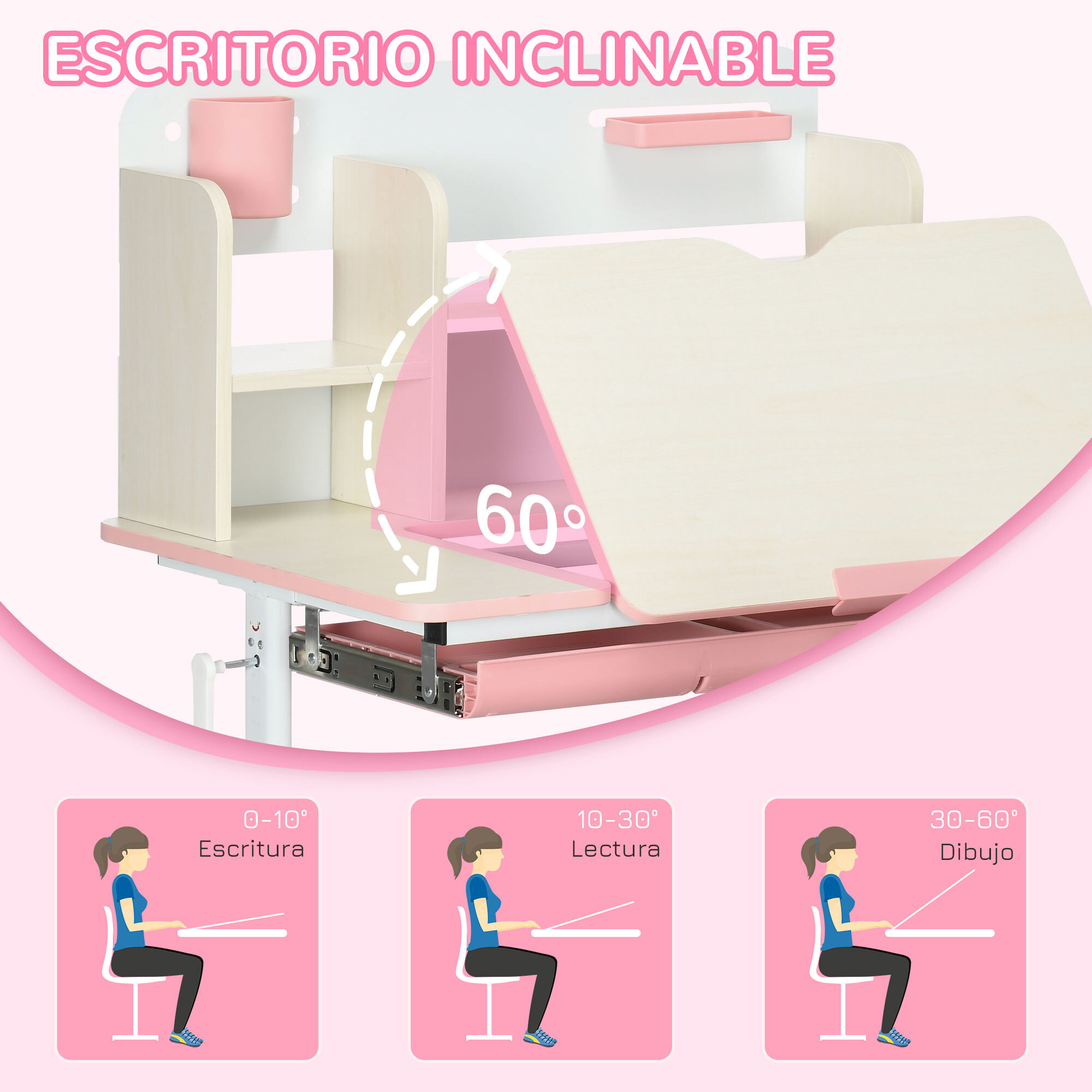 Juego de Escritorio y Silla para Niños de +3 Años Pupitre Infantil Altura Ajustable con 1 Cajón 1 Estante para Libros y Tablero de Mesa Inclinable 80x52x88-109 cm Rosa y Blanco