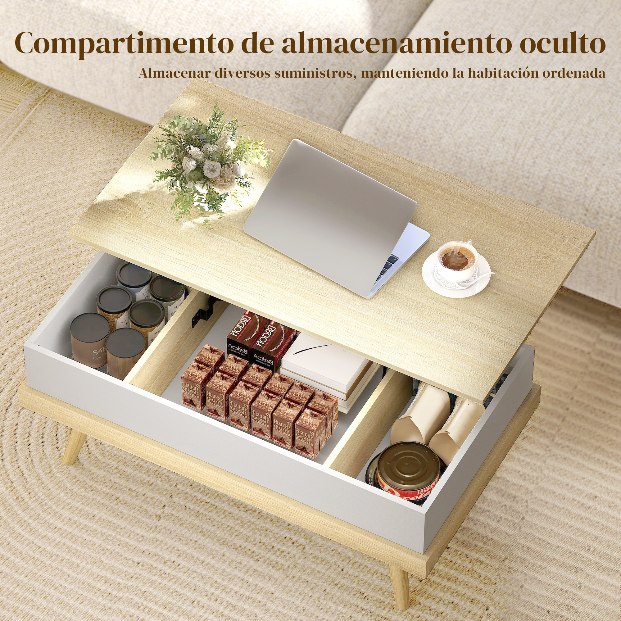Mesa de Centro Elevable, Mesita de Salón con 3 Compartimientos de Almacenaje Ocultos y Patas de Madera, Mesa de Café para Oficina, Dormitorio, 100x79x54 cm, Natural y Blanco
