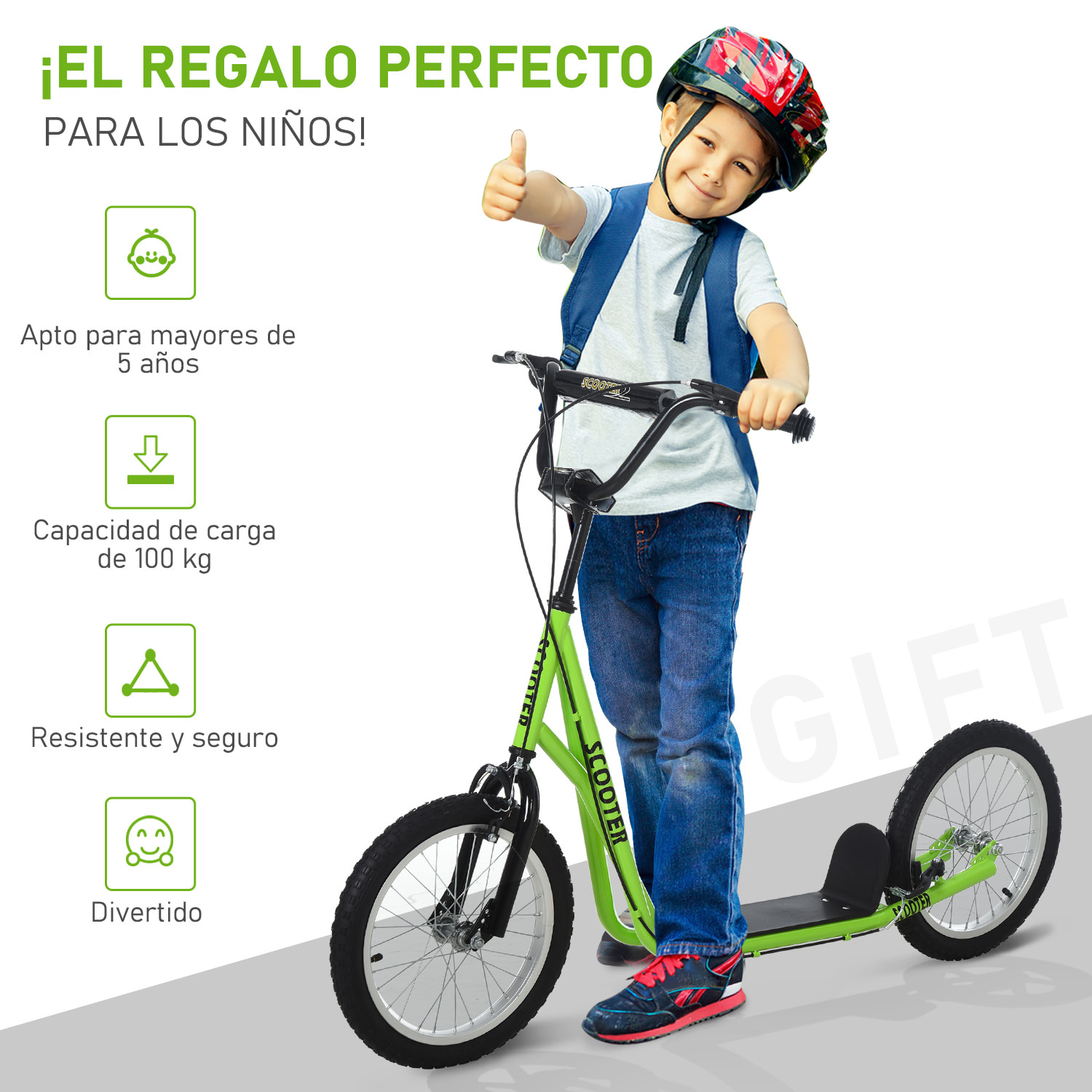 Patinete para Niños +5 Años, Patinete Infantil de 2 Ruedas, con Manillar Ajustable en Altura, 2 Neumáticos de Caucho Inflable, Doble Freno, Carga 100 kg, 139x58x90-96 cm, Verde Flourescente