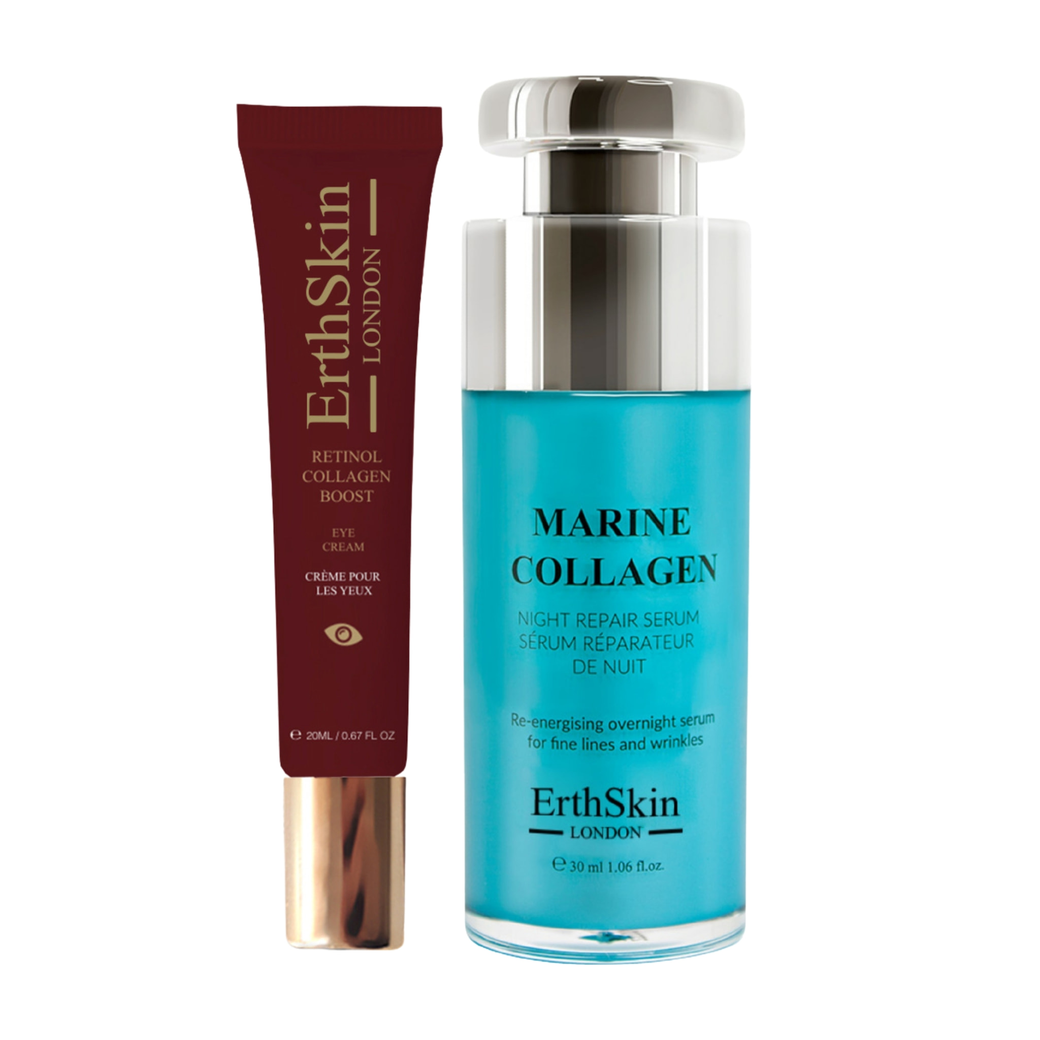Suero reparador nocturno de colágeno marino + crema para ojos con retinol y colágeno potenciador