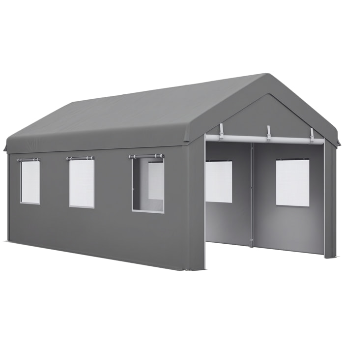 Carpa Garaje Portátil 6x3 m, Garaje Exterior para Coche Impermeable con Paredes Laterales Desmontables, 2 Puertas Enrollables y 6 Ventanas, Cobertizo de Almacenamiento Anti-UV, Gris Claro