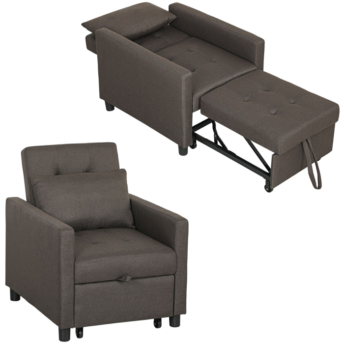 Sofá Cama de 1 Plaza 3 en 1, Sillón Cama Tapizado en Lino, con Respaldo Ajustable de 3 Niveles, Almohada Acolchada, para Oficina, Dormitorio, Salón, 69x82,5x84 cm, Marrón Oscuro