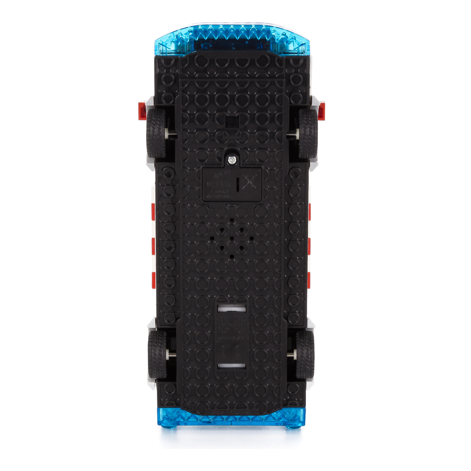 Ambulanza con luci ed effetti sonori. Da costruire, 68 pezzi. Funzionamento per inerzia di ritorno.