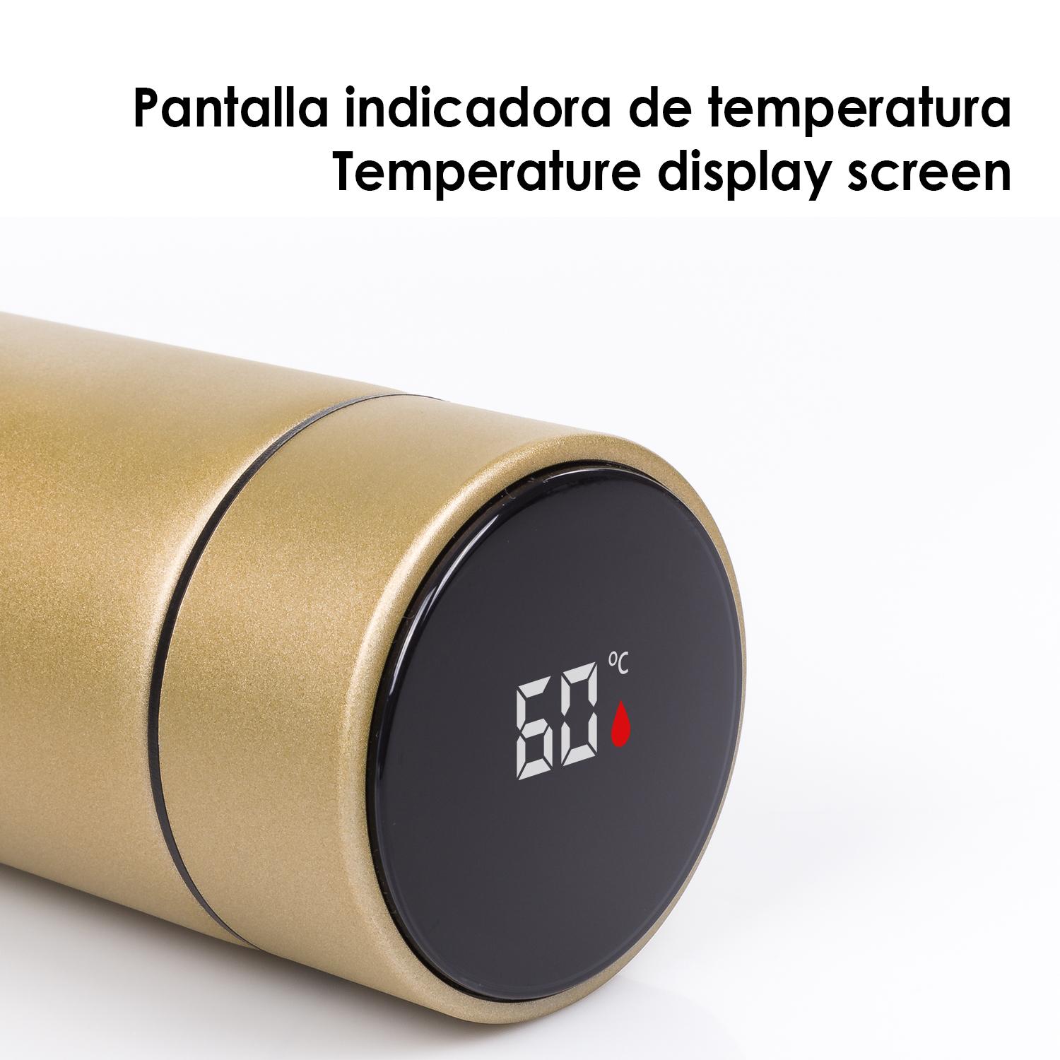 DAM Termo deportivo de 500ml con indicador de temperatura inteligente. Botella de agua aislada al vacío, hasta 12 horas de mantenimiento del calor. 6,5x6,5x22,6 Cm. Color: Plata