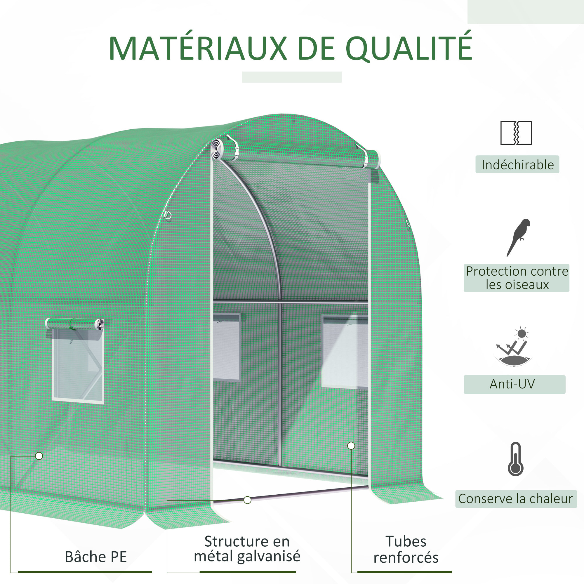 Serre de jardin tunnel surface sol 6 m² 3L x 2l x 2H m châssis tubulaire renforcé porte zippée 6 fenêtres enroulables vert