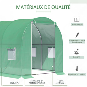 Serre de jardin tunnel surface sol 6 m² 3L x 2l x 2H m châssis tubulaire renforcé porte zippée 6 fenêtres enroulables vert