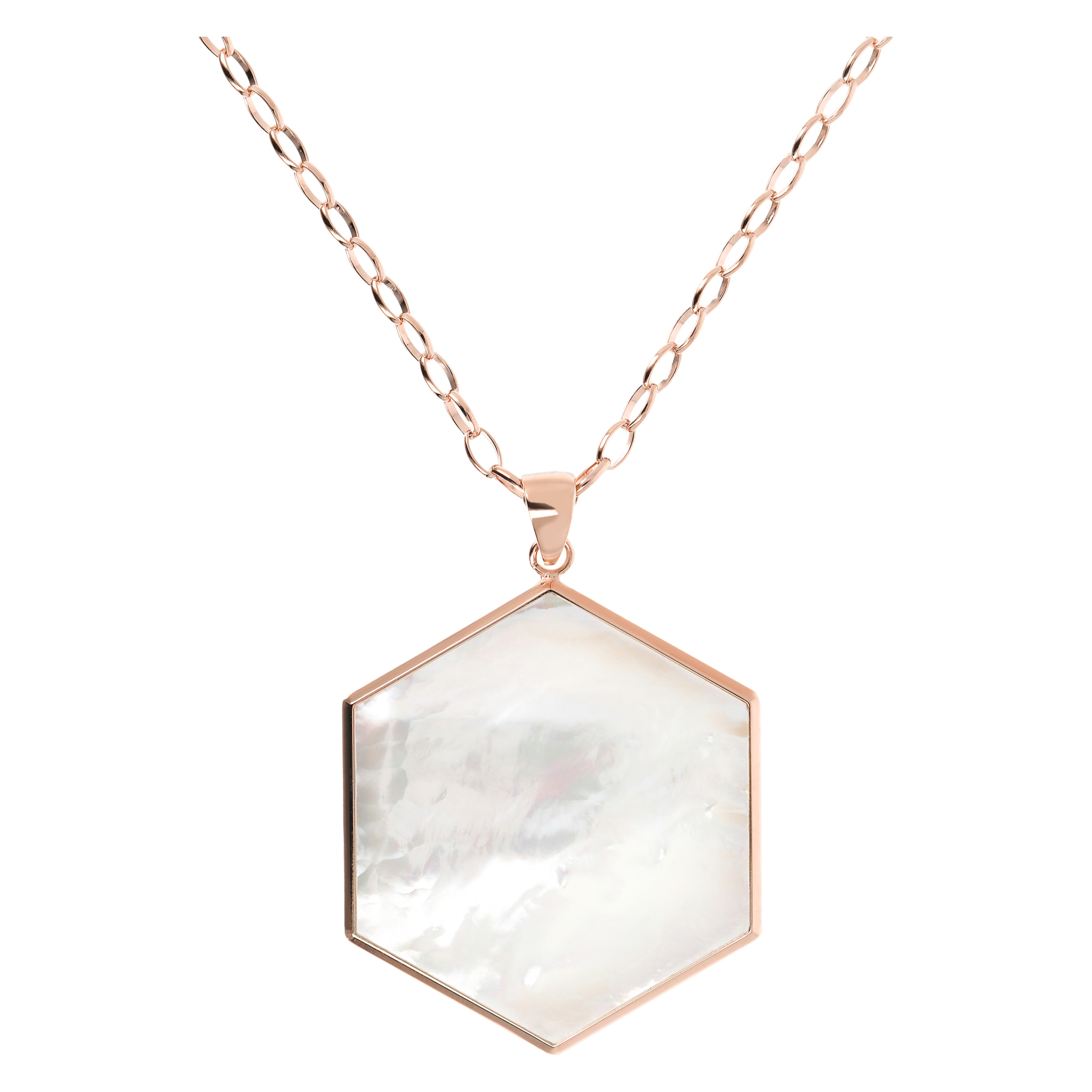 Collana Lunga Catena Rolo con Pendente Esagono Grande in Madreperla Bianca