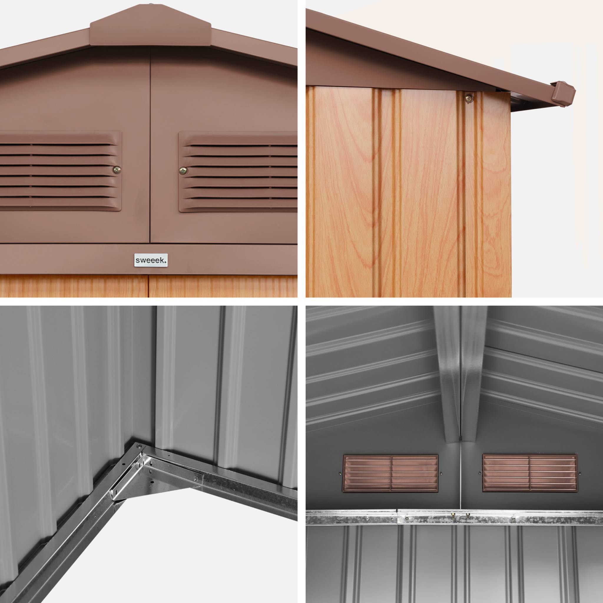 Abri de jardin en métal - Houtland. 2.71 m² chêne - Cabane à outils avec double portes coulissantes. kit de fixation sol inclus. L 213 x P 131 x H 185cm