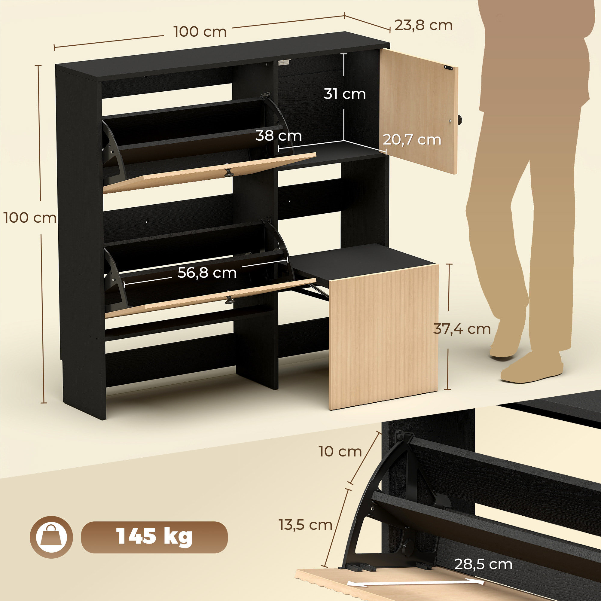 HOMCOM Zapatero Estrecho con 2 Cajones Abatibles, Armario, Taburete Oculto, Mueble Zapatero Moderno con Estantes Ajustables, para 8-10 Pares de Zapatos, para Pasillos, Entradas, 100x23,8x100 cm, Roble