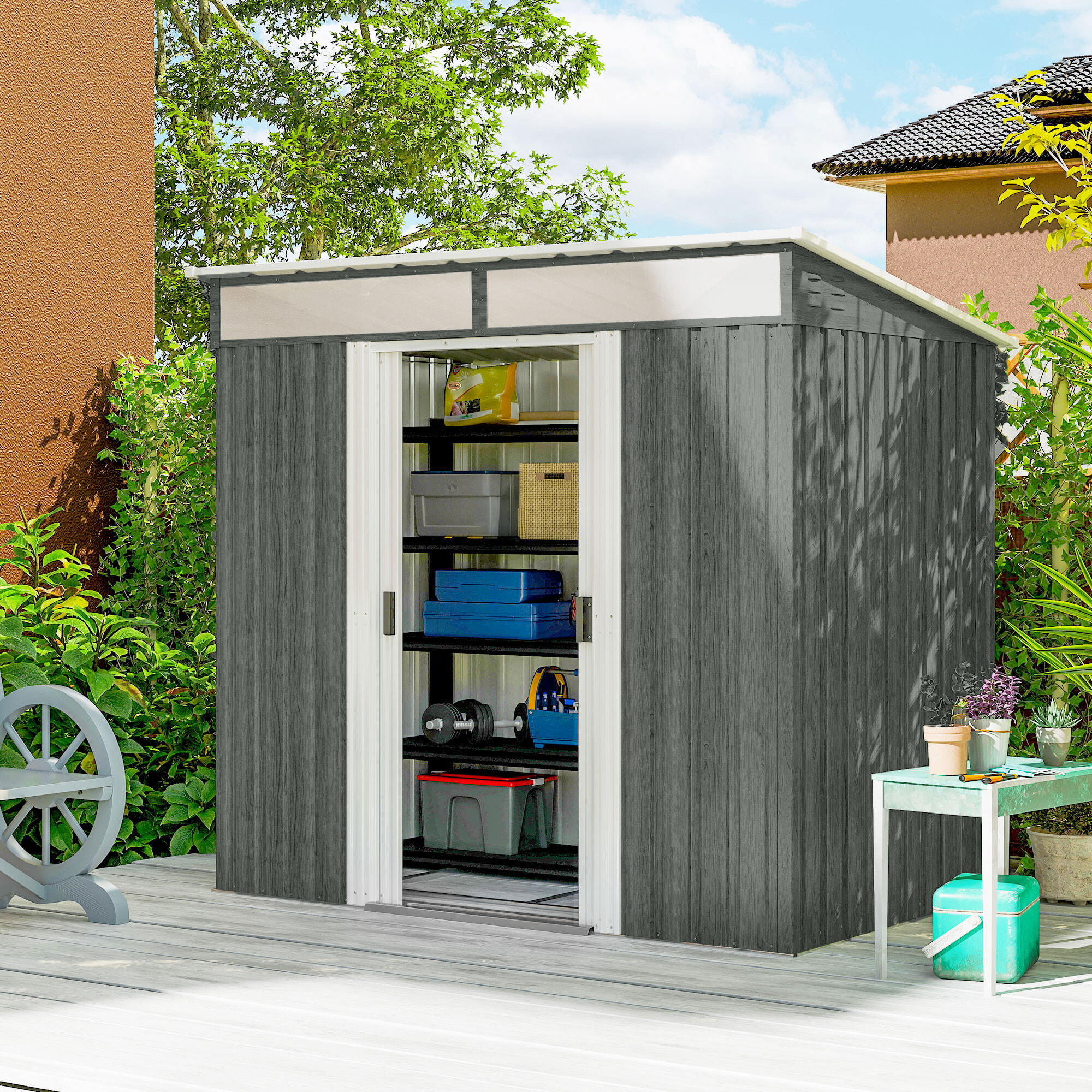 Caseta de Jardín Exterior 2 m² 195x122x181,5 cm Cobertizo de Jardín Exterior Metálica con Base SIN SUELO 2 Puertas Correderas Ventanas y Ganchos para Herramientas Gris Claro