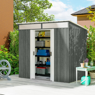 Caseta de Jardín Exterior 2 m² 195x122x181,5 cm Cobertizo de Jardín Exterior Metálica con Base SIN SUELO 2 Puertas Correderas Ventanas y Ganchos para Herramientas Gris Claro