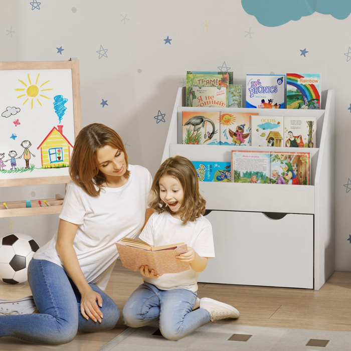 Estantería de Juguetes con 3 Compartimentos, Librería Infantil, Caja de Juguetes Móvil, Cajón con Ruedas, Multifuncioanl, para Dormitorio, Guardería, Sala de Juegos, Blanco