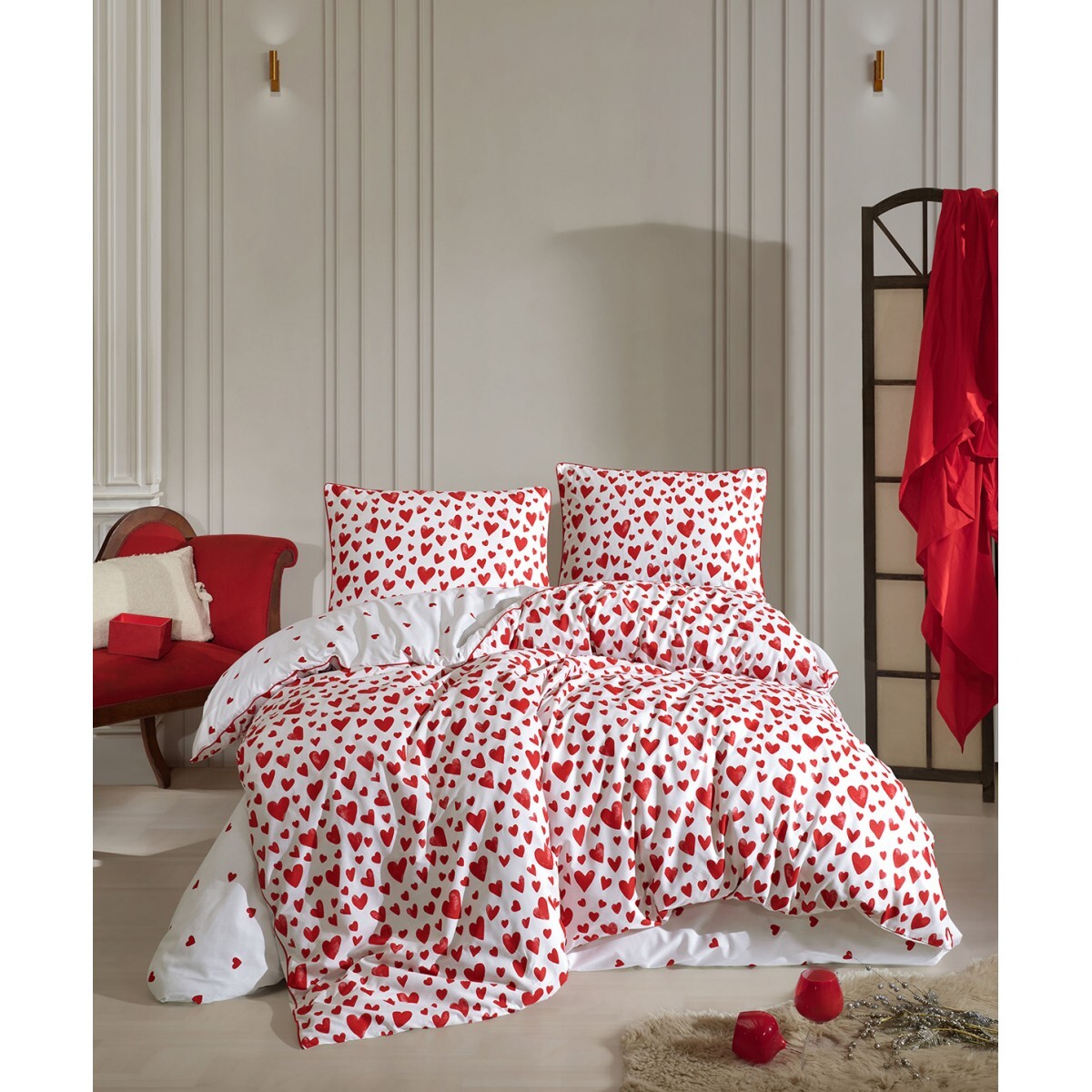 Housse de couette + taie(s) oreiller "Amour" 100% coton imprimé.