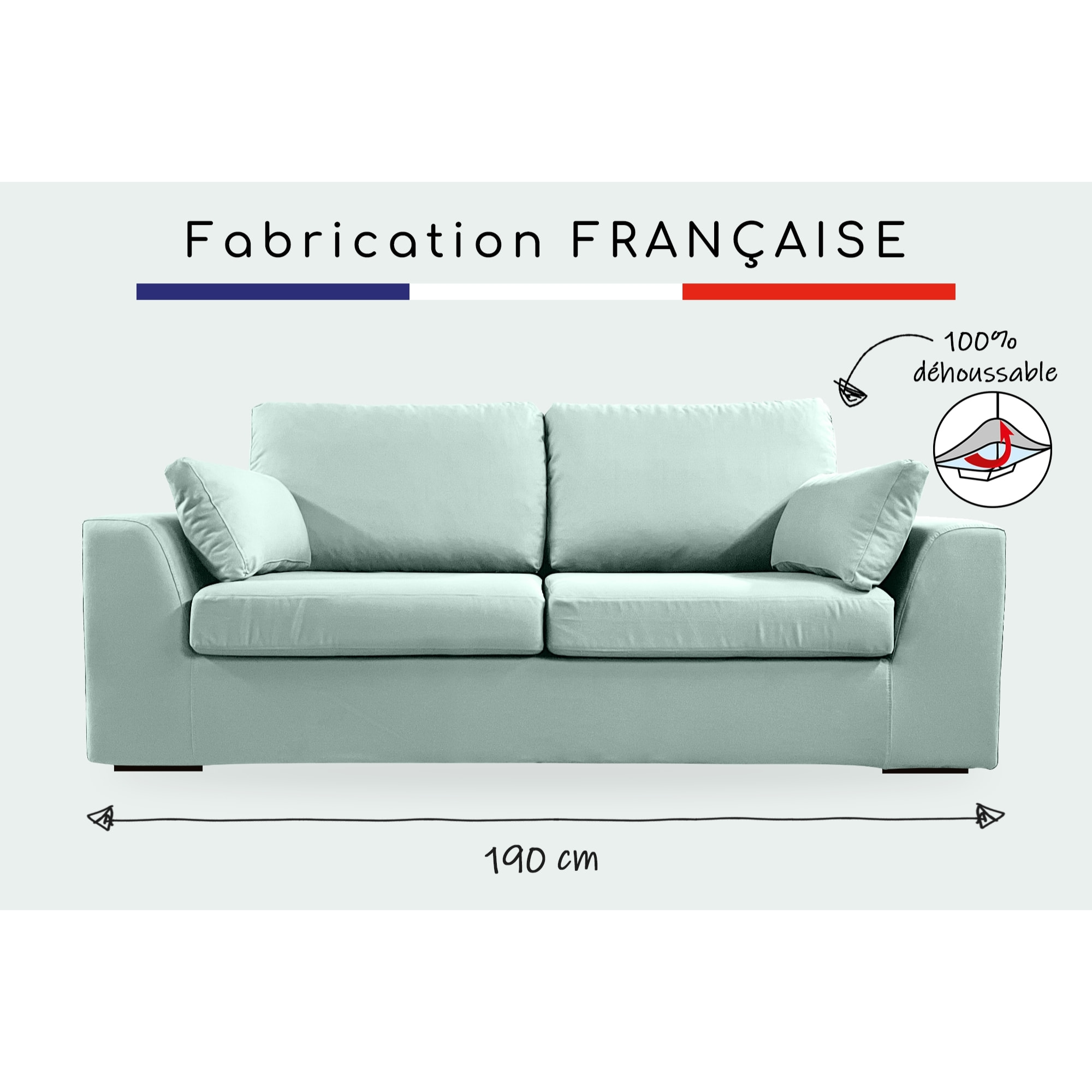 Canapé 3 pl TRESSIN 190 cm fixe tissu coton Céladon - 100% déhoussable - Fab. France