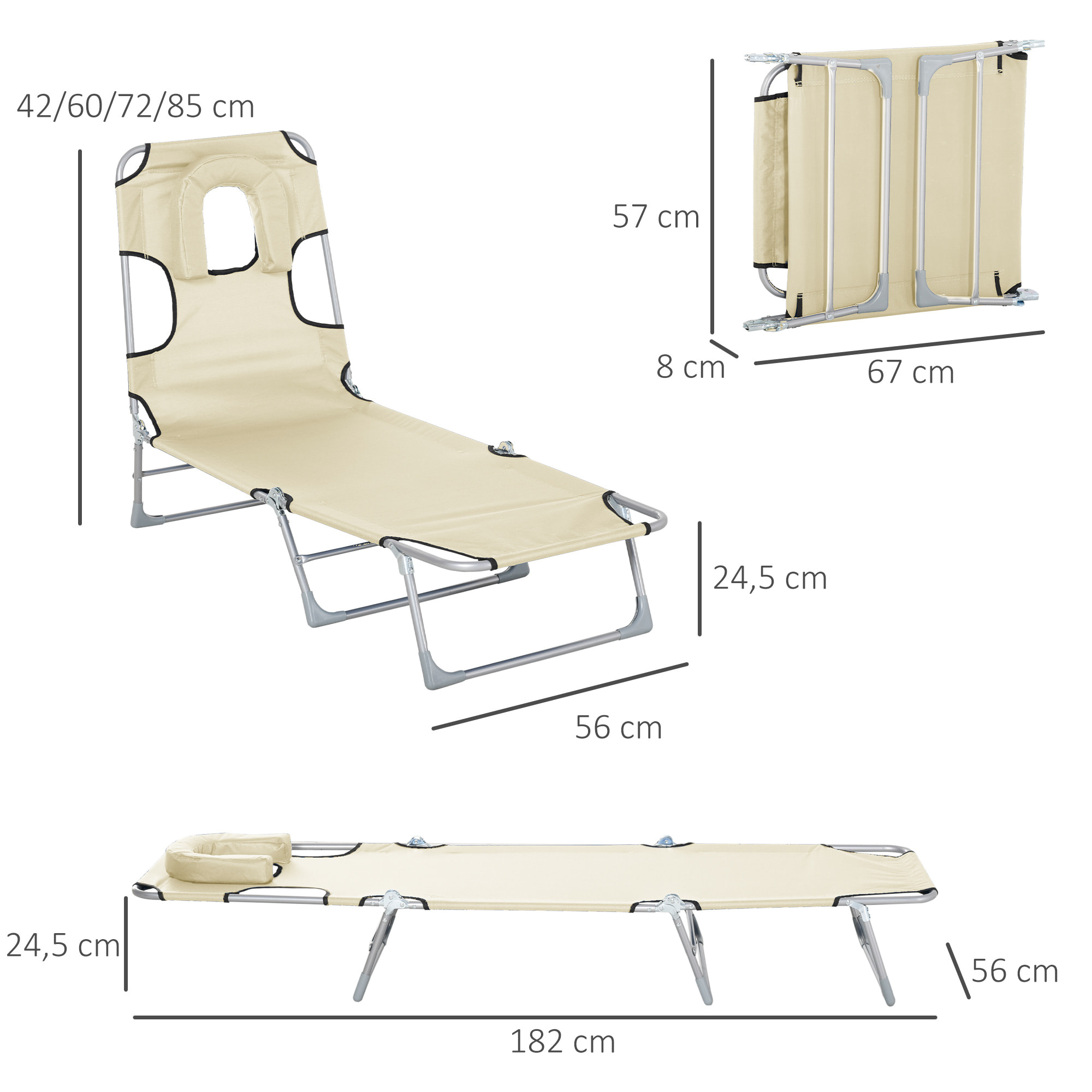 Tumbona Reclinable Plegable Jardín con Reposacabezas y Respaldo Ajustable Beige