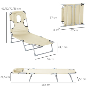 Tumbona Reclinable Plegable Jardín con Reposacabezas y Respaldo Ajustable Beige